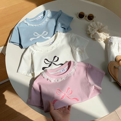 Cute Fitted Short Sleeve T-Shirt for Girls with Lace Peter Pan Collar and Bow Summer Fashion Top