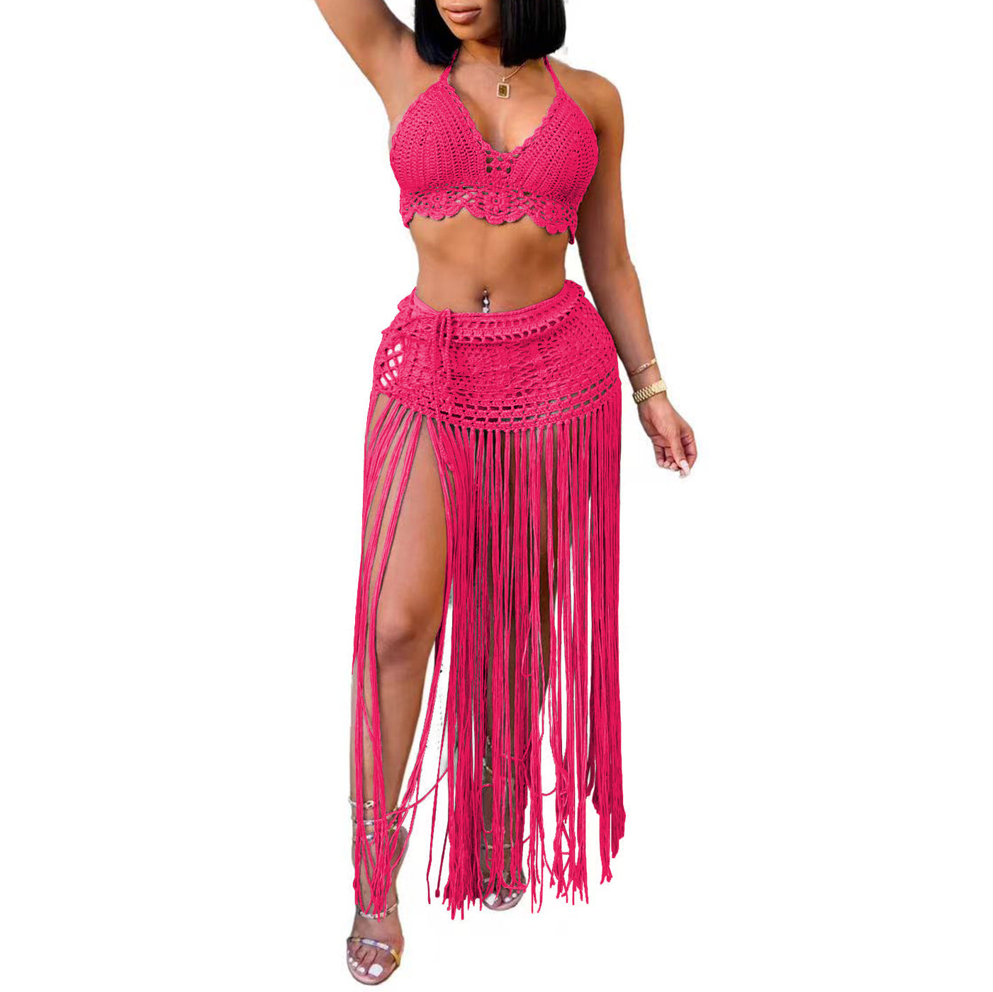 Hand-Crocheted Beach Bikini Top with Long Tassel Skirt Two-Piece Set