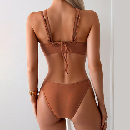 Solid Color Lace-Up Two-Piece Swimsuit for Women, Beach Bikini, Hot Spring Swimwear
