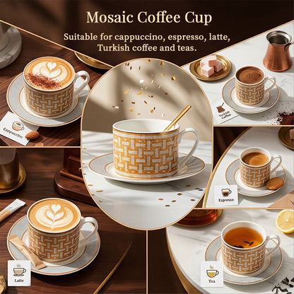 European Style Bone China Coffee Cups and Saucers Set, Porcelain Teacup Set with Spoons for Afternoon Tea, Home & Office Use