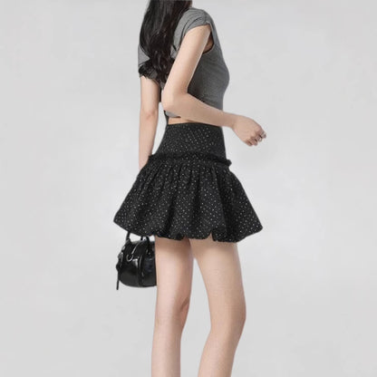 Seasonal Elegant Black Lace Trim Polka Dot Skirt for Women, Petite-Friendly, Side Zipper with Lining