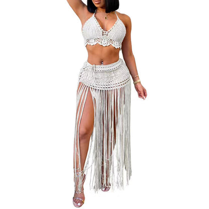 Hand-Crocheted Beach Bikini Top with Long Tassel Skirt Two-Piece Set