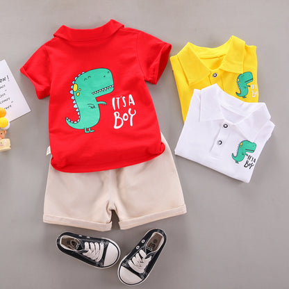 Solid color dinosaur print short sleeved shorts two-piece set