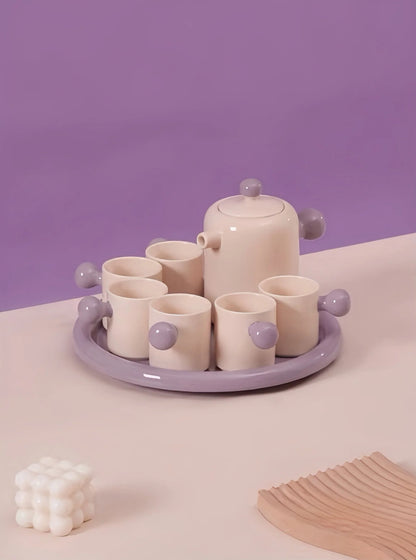 Handmade Cute Whimsical Dopamine Creamy Toffee Tea Pot & Tea Cups Set of 8 Pcs