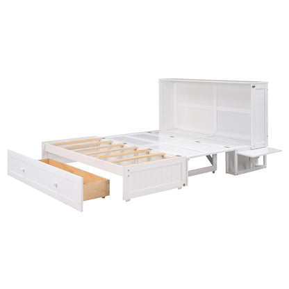 Queen Size Mobile Murphy Bed with Drawer and Little Shelves on Each Side White