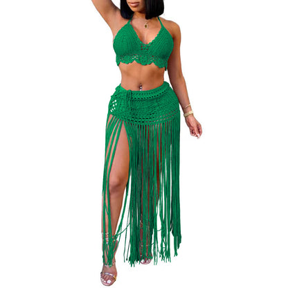 Hand-Crocheted Beach Bikini Top with Long Tassel Skirt Two-Piece Set
