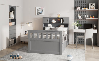 Twin Size Captain Platform Bed Frame with Storage Bookcases and Shelves,Four Drawers, Gray