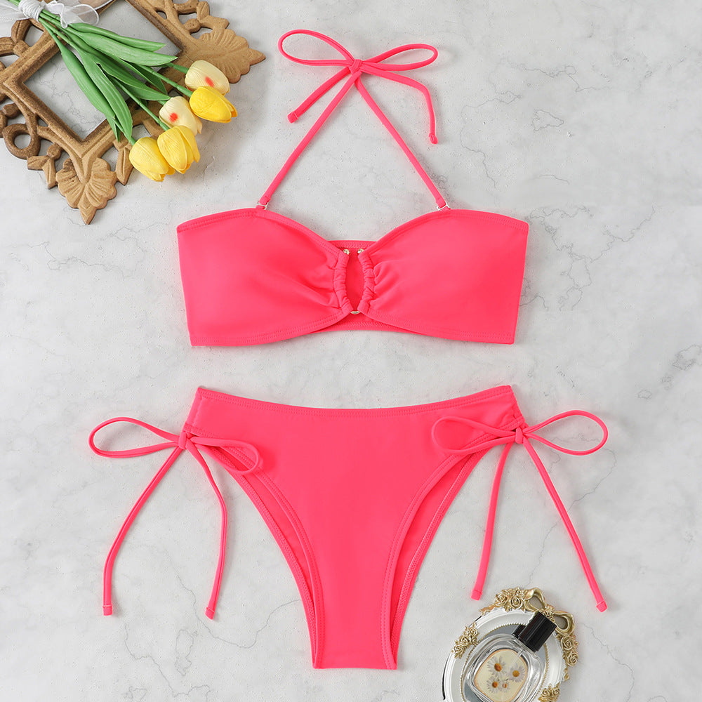 Solid color lace up bikini