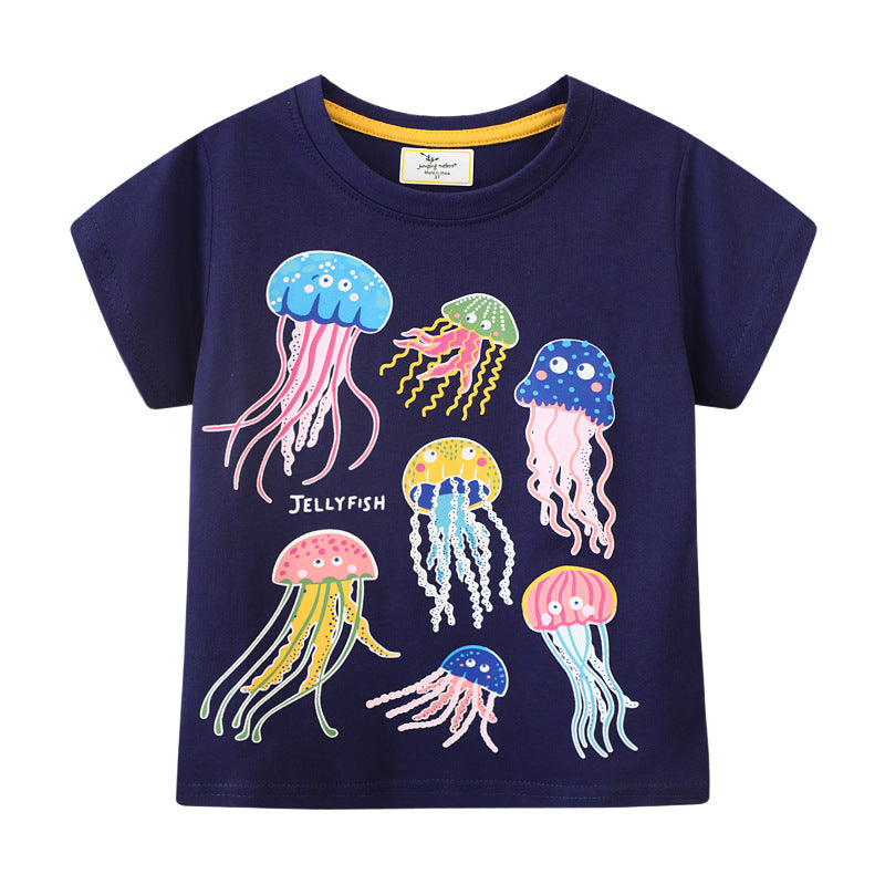 Children's Short Sleeve T-Shirt Summer New Style Unisex Baby Round Neck Kids Cartoon Top with Glow-in-the-Dark Pattern