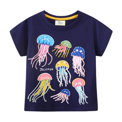 Children's Short Sleeve T-Shirt Summer New Style Unisex Baby Round Neck Kids Cartoon Top with Glow-in-the-Dark Pattern