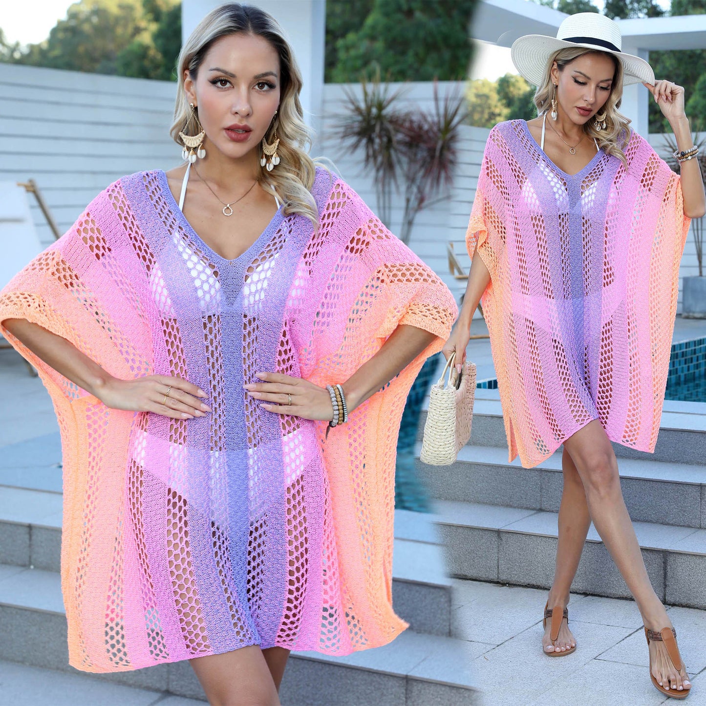 Beach Vacation Cover-Up Cross-Border Women's Gradient Hollow Woven Loose Casual Bikini Dress