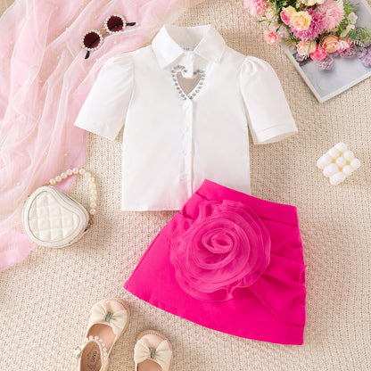 Hollow out shirt three-dimensional flower wrapped hip skirt set