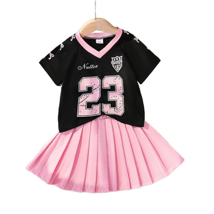 Digital printed short sleeved pleated skirt two-piece set