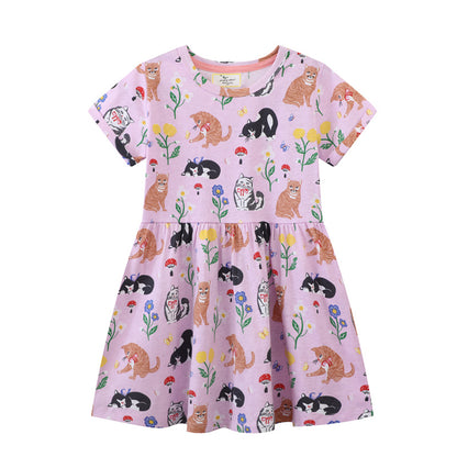 Style Children's Dress for Girls, Summer New Arrival, Cartoon Print, Round Neck, Princess Dress