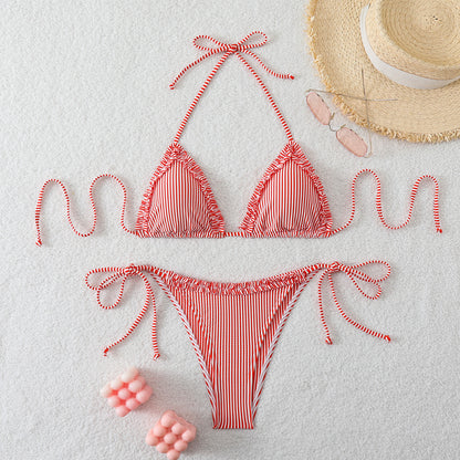 Solid color lace up striped swimsuit