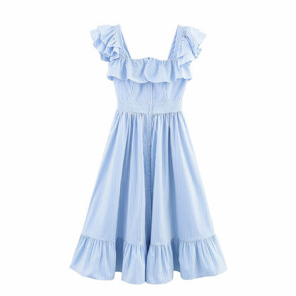 Single breasted striped ruffle edge waist cinched dress