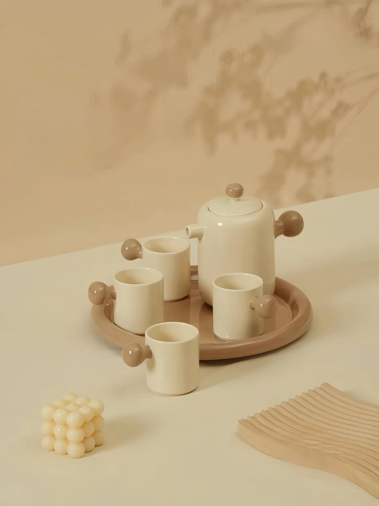 Handmade Cute Whimsical Dopamine Creamy Toffee Tea Pot & Tea Cups Set of 8 Pcs