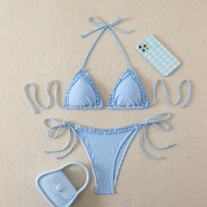 Solid color lace up striped swimsuit