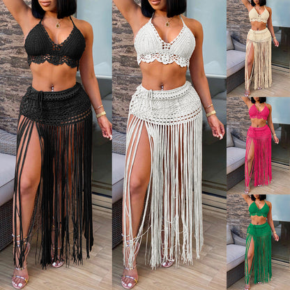 Hand-Crocheted Beach Bikini Top with Long Tassel Skirt Two-Piece Set