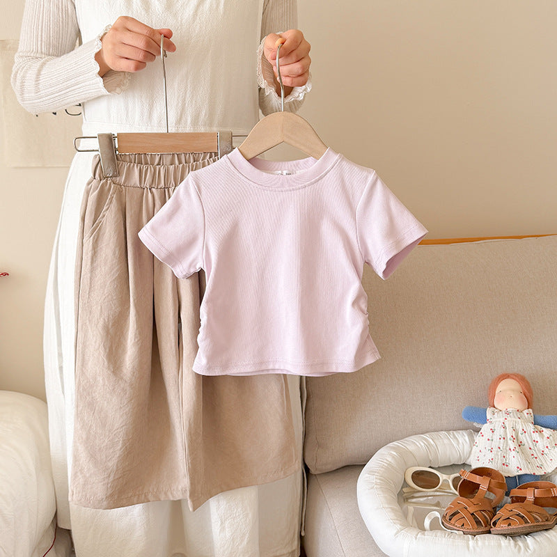 Cute Girls' Summer Outfit Set: Fitted Short Sleeve Top with Wide Leg Harajuku PantsLoose Summer Pants Two-Piece Set
