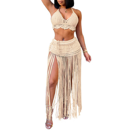 Hand-Crocheted Beach Bikini Top with Long Tassel Skirt Two-Piece Set