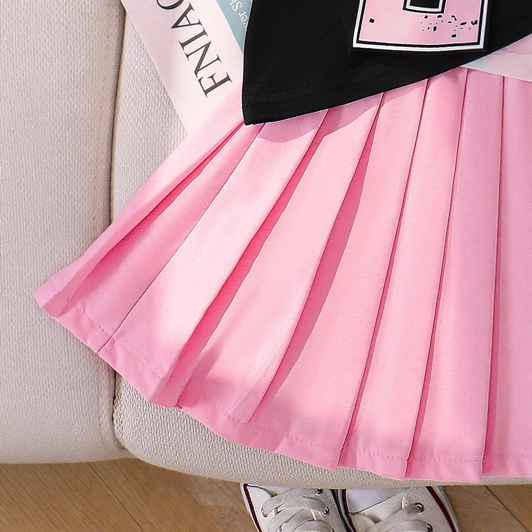 Digital printed short sleeved pleated skirt two-piece set