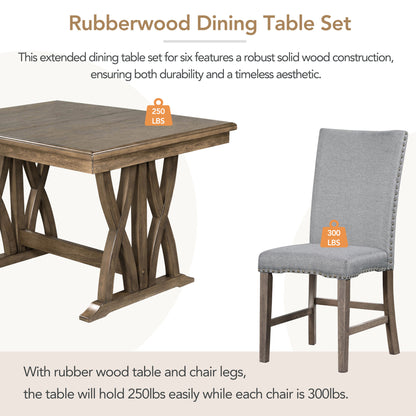 TOPMAX Mid Century Solid Wood 7-Piece Expandable Dining Table Set with Soft Cushioned Chair, Gold Brown+Gray Cushions