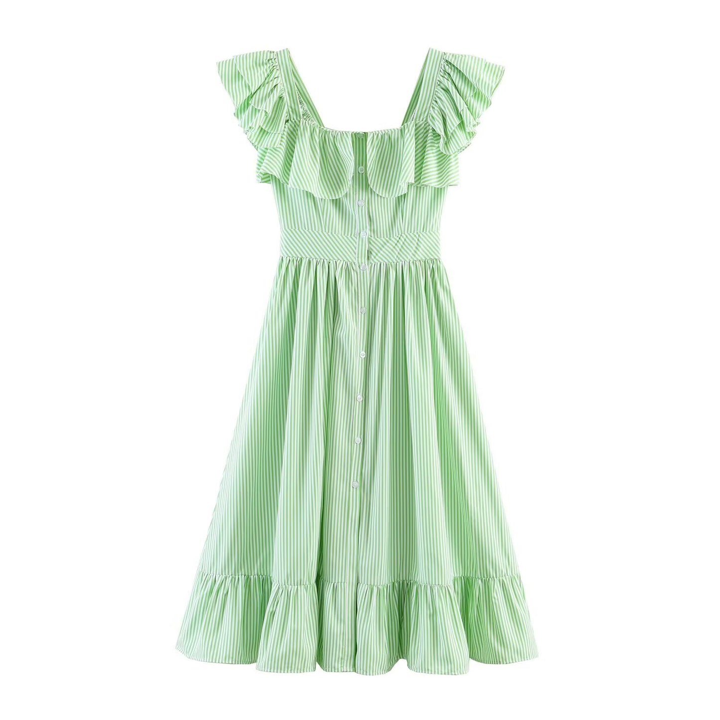Single breasted striped ruffle edge waist cinched dress