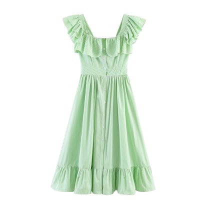 Single breasted striped ruffle edge waist cinched dress