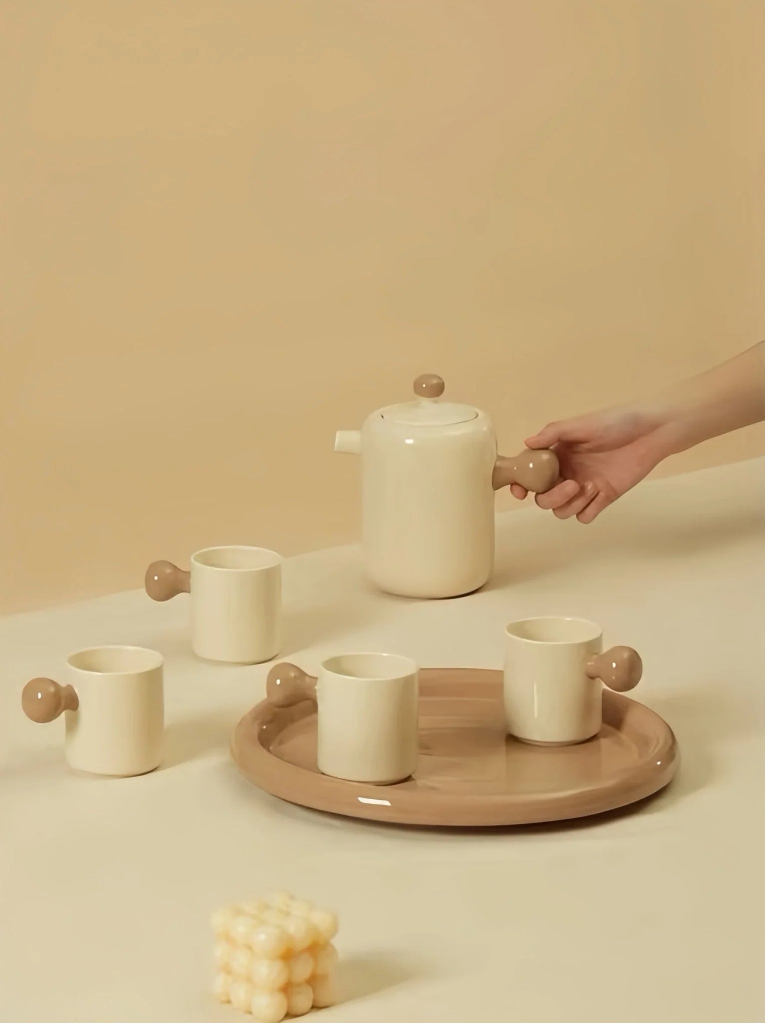 Handmade Cute Whimsical Dopamine Creamy Toffee Tea Pot & Tea Cups Set of 8 Pcs