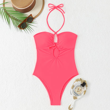 Solid color hollow neck one-piece bikini