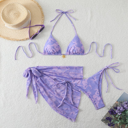 Yarn skirt split bikini multi-color three piece swimsuit