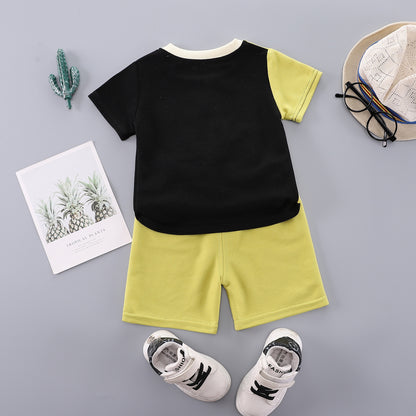 Two piece set of round neck shirt with patchwork short sleeves