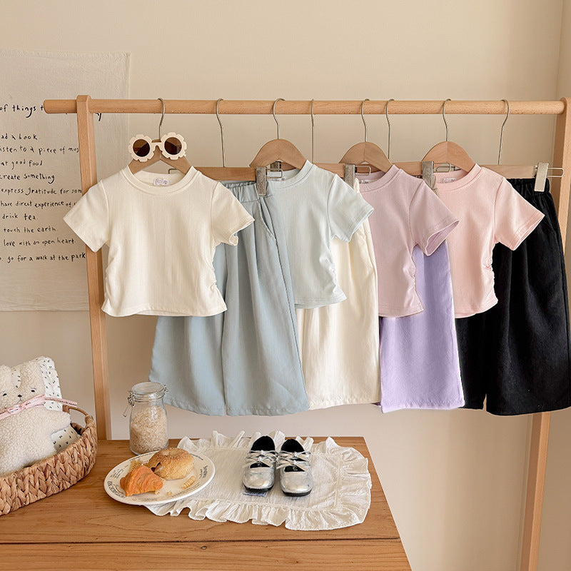 Cute Girls' Summer Outfit Set: Fitted Short Sleeve Top with Wide Leg Harajuku PantsLoose Summer Pants Two-Piece Set