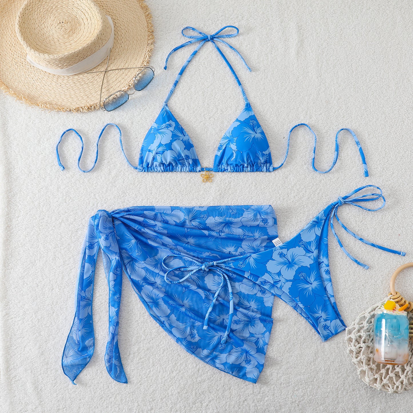 Yarn skirt split bikini multi-color three piece swimsuit