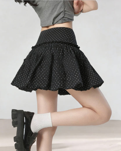 Seasonal Elegant Black Lace Trim Polka Dot Skirt for Women, Petite-Friendly, Side Zipper with Lining