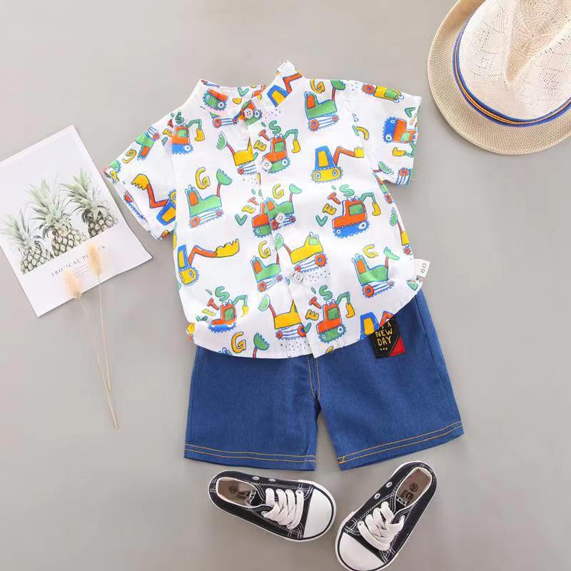 Stand up collar short sleeved shirt shorts two-piece set