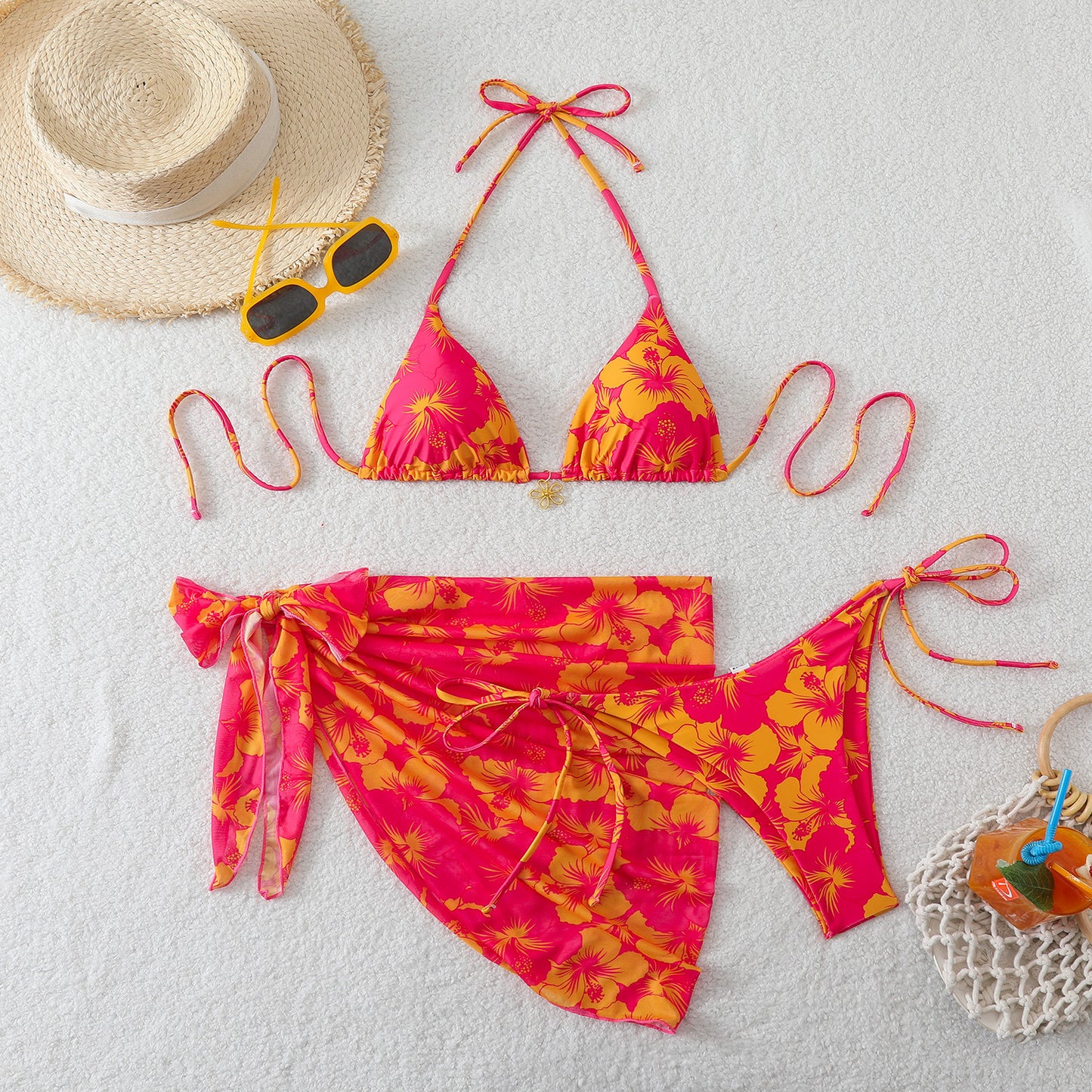 Yarn skirt split bikini multi-color three piece swimsuit