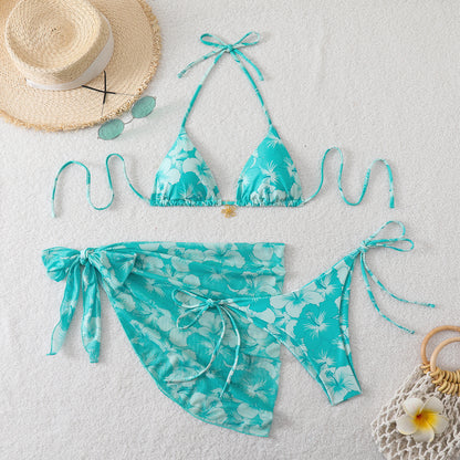 Yarn skirt split bikini multi-color three piece swimsuit