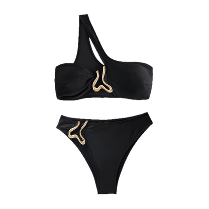Single shoulder metal jewelry swimsuit