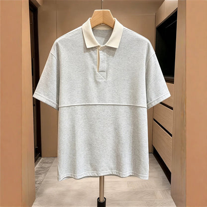 Grey Flip Collar Short Sleeve Design Patchwork Top