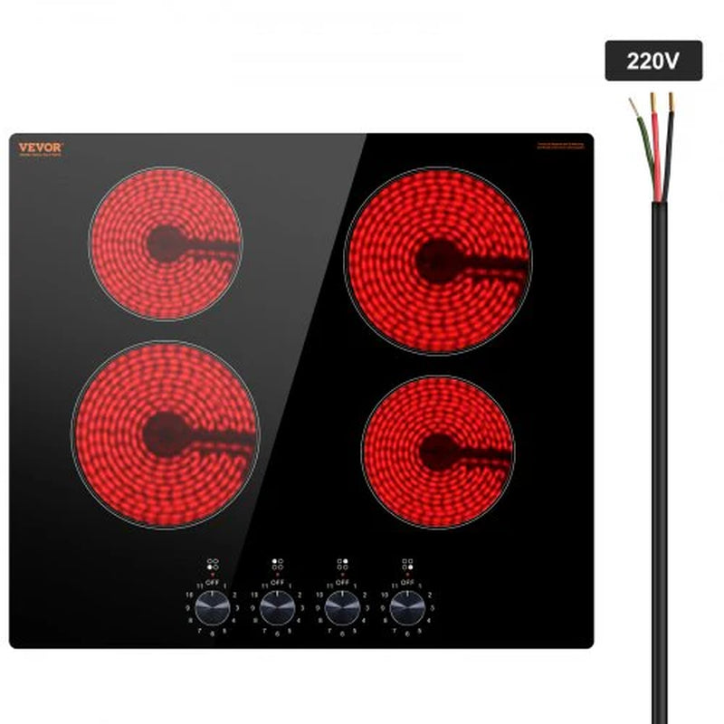 Electric Cooktop, 24 Inch 4 Burners Built-In Electric Stove Top, 6000W Ceramic Top Radiant Cooktop, with Glass Panel, Knob Control, 11 Heat Levels, 220-240V, Hard Wire (No Plug)