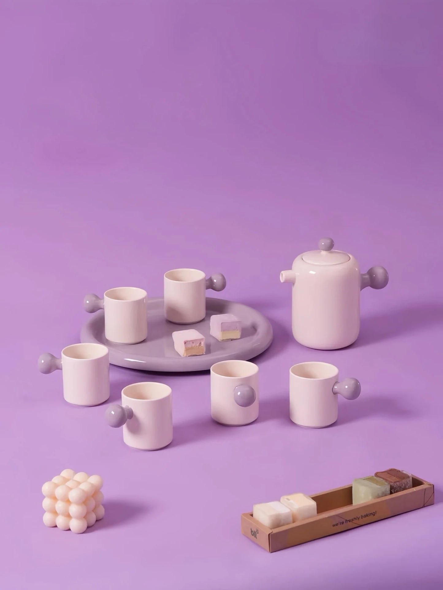 Handmade Cute Whimsical Dopamine Creamy Toffee Tea Pot & Tea Cups Set of 8 Pcs