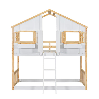 Twin over Twin House Bunk Bed with Roof , Window, Window Box, Door , with Safety Guardrails and Ladder, Natural/White