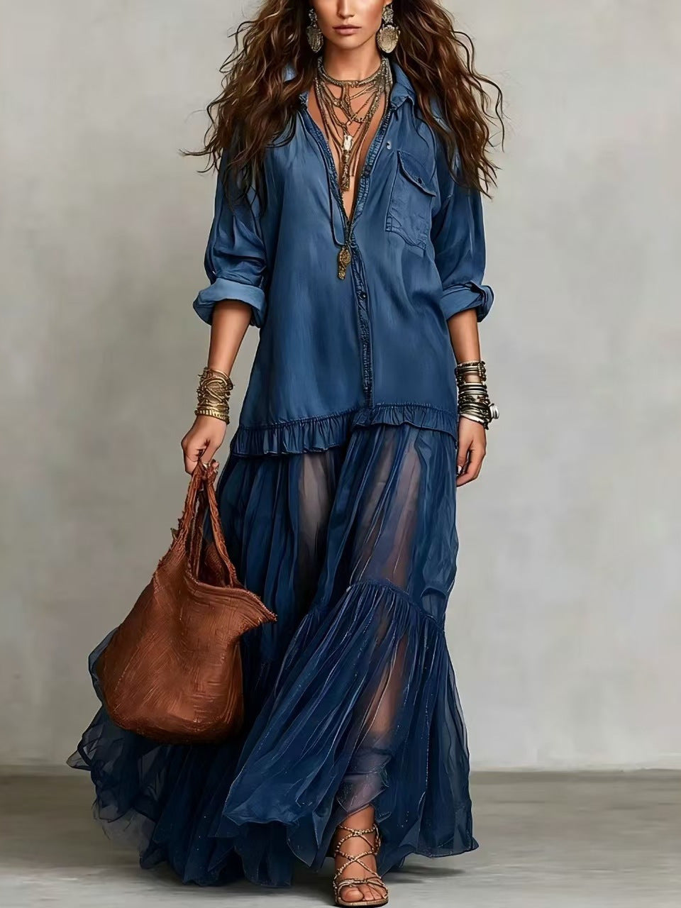 Vintage Denim-like Long Dress Casual Style