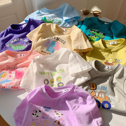 Children's Summer Boy Dinosaur Excavator Print Short Sleeve T-Shirt, Girl Stylish Half Sleeve Baby Cotton T-Shirt