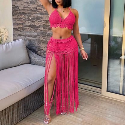 Hand-Crocheted Beach Bikini Top with Long Tassel Skirt Two-Piece Set