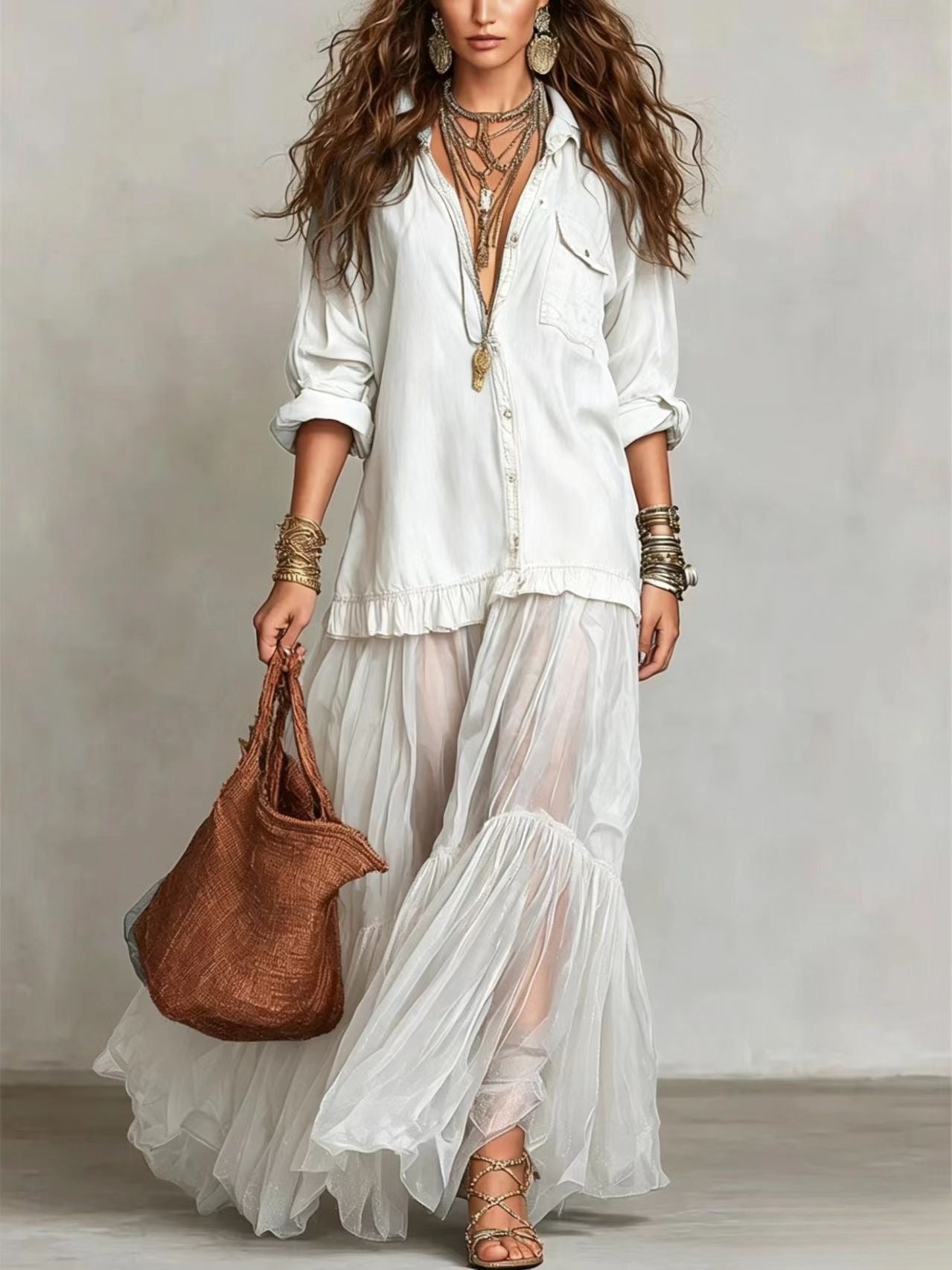 Vintage Denim-like Long Dress Casual Style