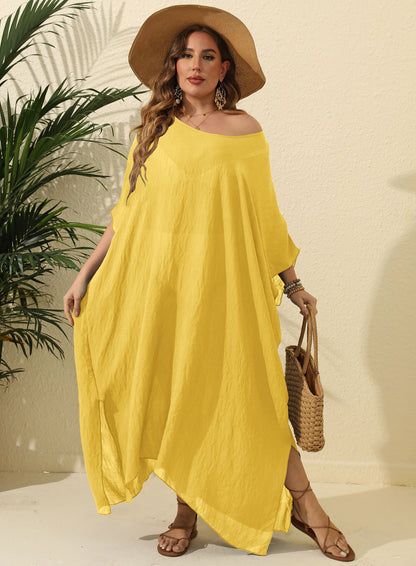 Plus Size Women's Solid Color Loose Beach Vacation Split Floor-Length Dress
