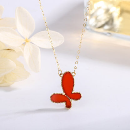 YUNLI Real 18K Gold Butterfly Pendant Necklace Natural Agate Stone Pure Solid AU750 Chain Fine Jewelry Gift for Women PE020